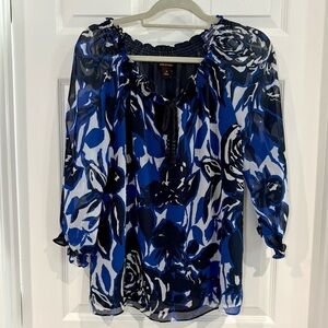 Dana Buchman Peasant Colorful Floral 3/4 Sleeve Blouse Women Sz M Blue Black